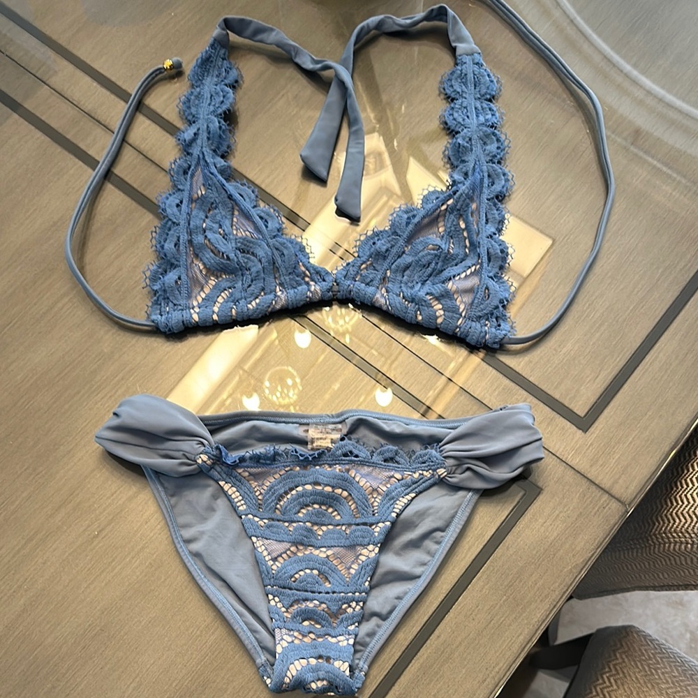 Pilyq Blue Lace Bikini Set with Floral Pattern